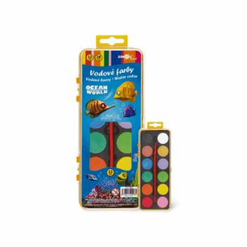 Sada vodových farieb Ocean World – 12 farieb s priemerom 2,8 cm, vrátane štetca.