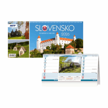 Stolový štrnásťdenný kalendár 2026 so slovenskými motívmi a praktickým dvojtýždenným kalendáriom.