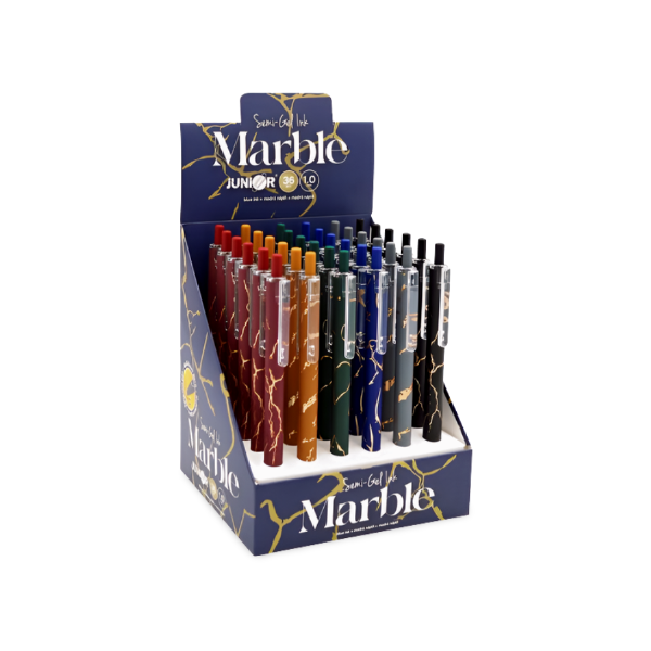 Guľôčkové pero JUNIOR Marble v mramorovom dizajne so zlatými prvkami, modrý atrament, mix 6 farieb