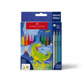 Súprava 13 farebných fixiek Faber-Castell Dinosaurus s pastelovými odtieňmi a nálepkami s dinosaurom
