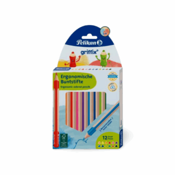 Sada 12 ergonomických pasteliek Griffix s trojhranným úchopom pre deti, 140 mm dlhé, vodou rozpustné, FSC certifikát.