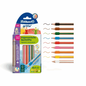 Pastelky Griffix – 9 ergonomických pasteliek a 1 ceruzka HB v detskom dizajne, trojhranný úchop, FSC drevo, vhodné pre malé ruky.