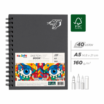 Skicovací blok Carioca PLUS A5 s tvrdými doskami, špirálovou väzbou a jemne zrnitým papierom – 40 listov, 160 g/m²