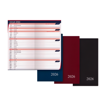 Mesačný diár 2026 s PVC obálkou – modrá, bordová, čierna, formát 80 × 150 mm.