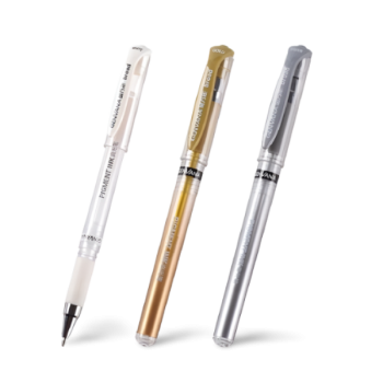 UNI Signo UM-153 gélové rollery v bielej, zlatej a striebornej farbe s hrotom 1,0 mm.