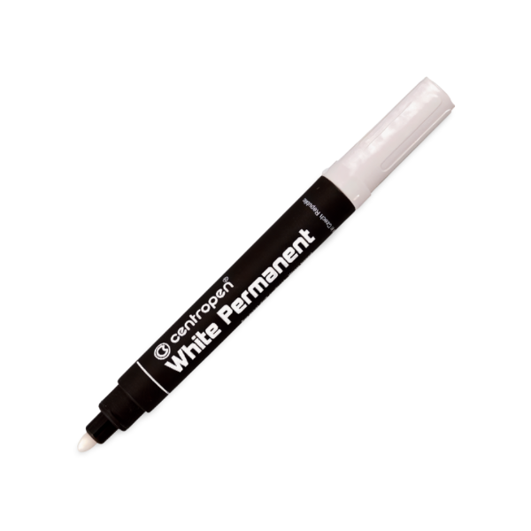Biely permanentný popisovač CENTROPEN s valcovým hrotom, vhodný na plast, sklo, kov aj papier.