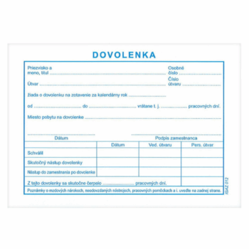 Tlačivo Dovolenka A6 na evidenciu dovoleniek, 100 listov.